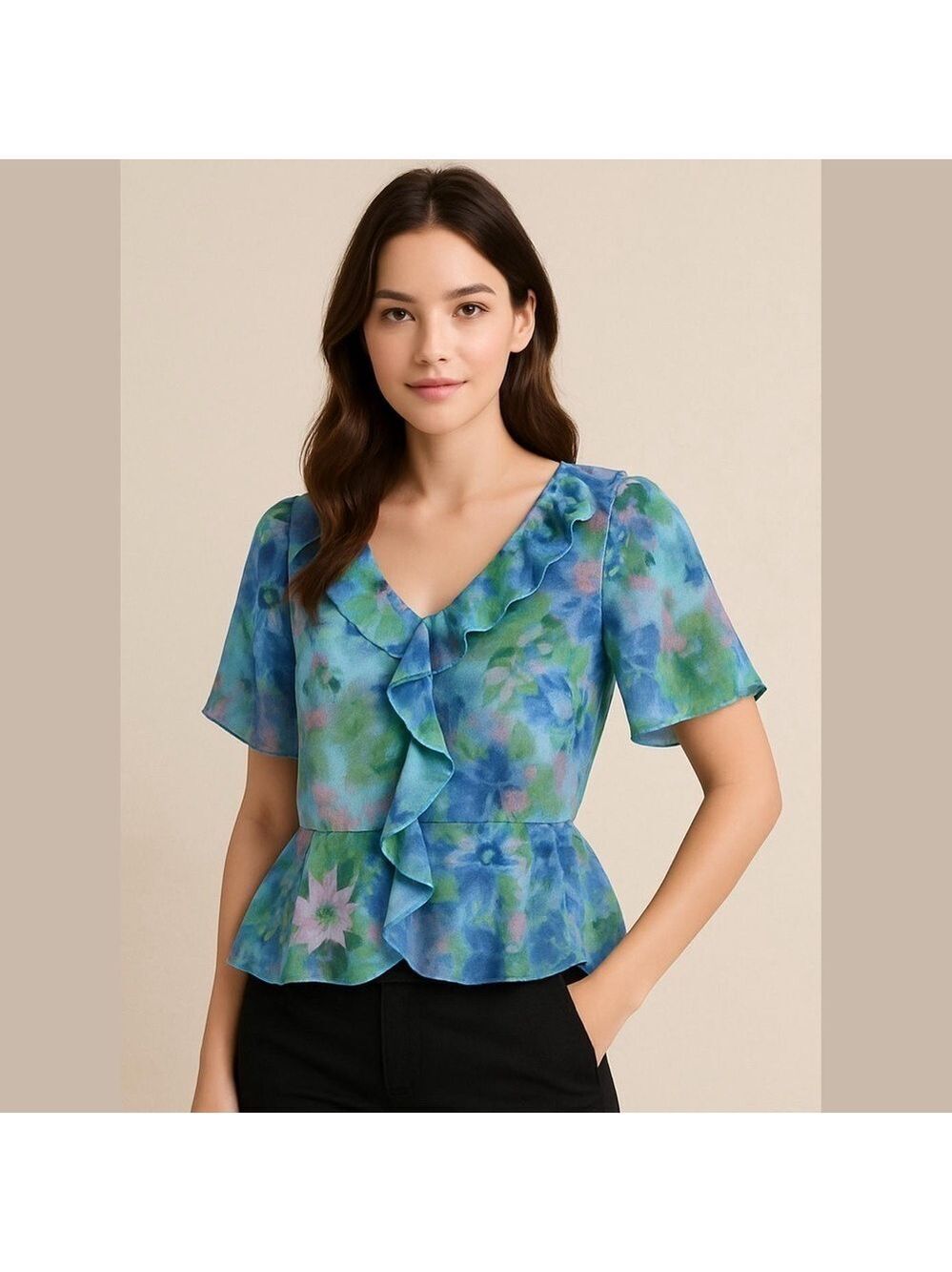Sunny Leigh Floral Colorful Ruffled Blouse Top with Basque Teal Sz Large